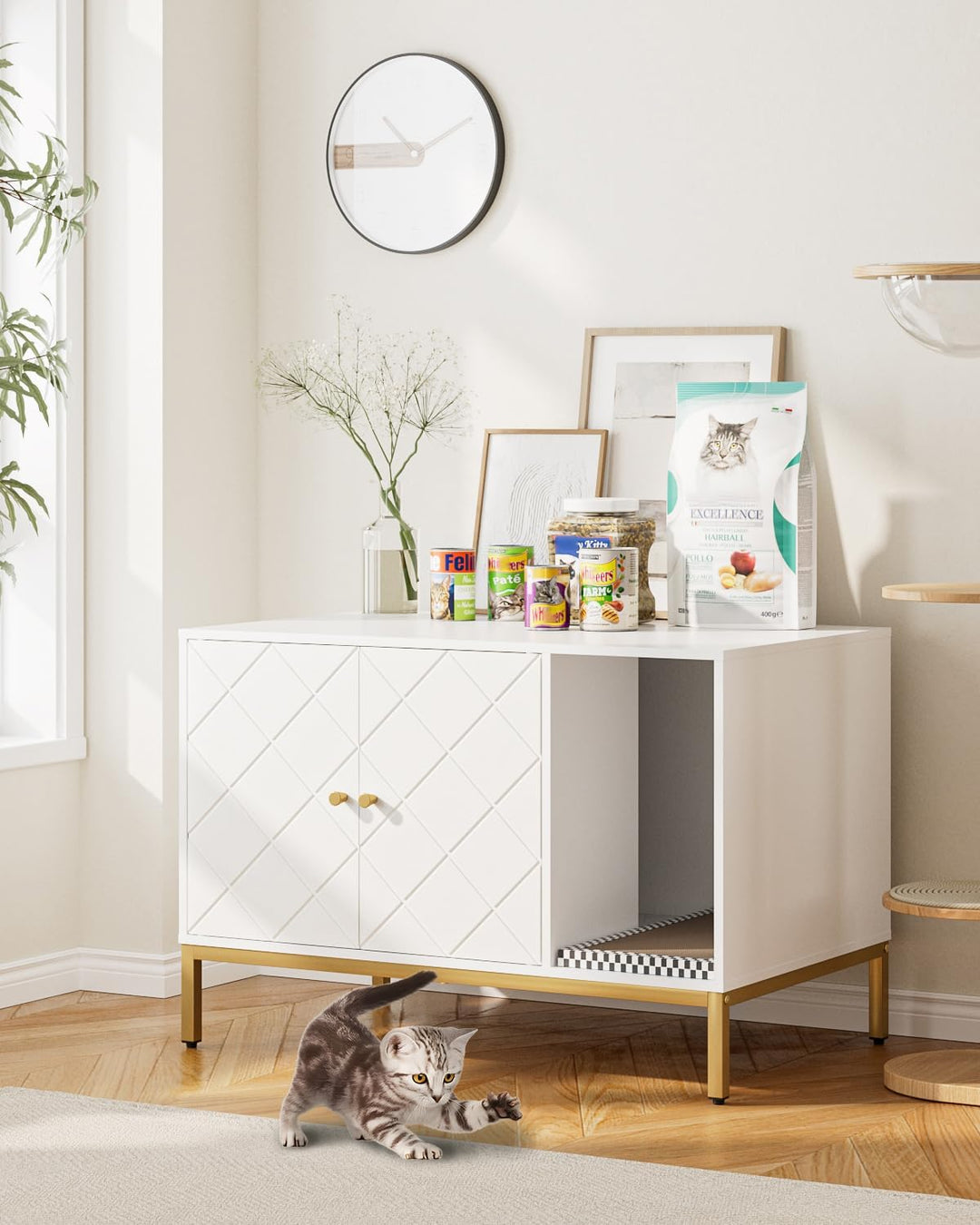 Katzenklo Schrank, Katzenkloschrank mit Doppeltüren, Katzenhaus mit Kratzmatte, hohe Beine, für Katz