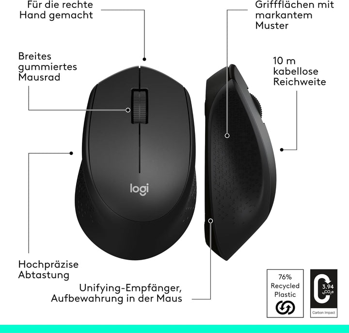 Logitech M280 Kabellose Maus, 2,4 GHz mit USB-Nano-Empfänger, 1000 DPI Optical Tracking, 3 Tasten, 1