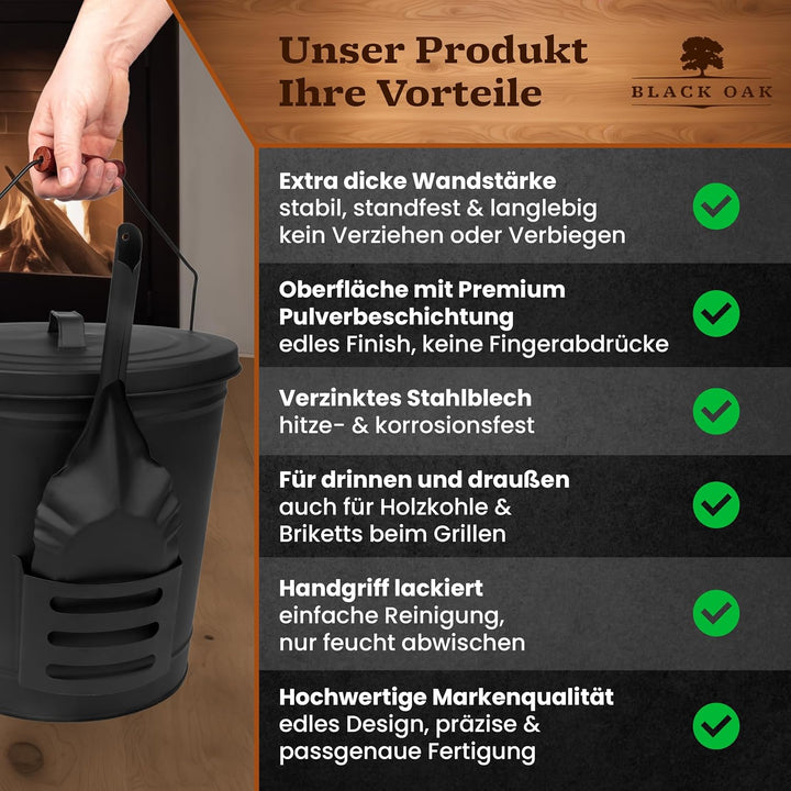 BLACK OAK Ascheeimer Stromboli 20L – schwarz mit Deckel & Schaufel - Bügel Silber - gross 20 Liter S