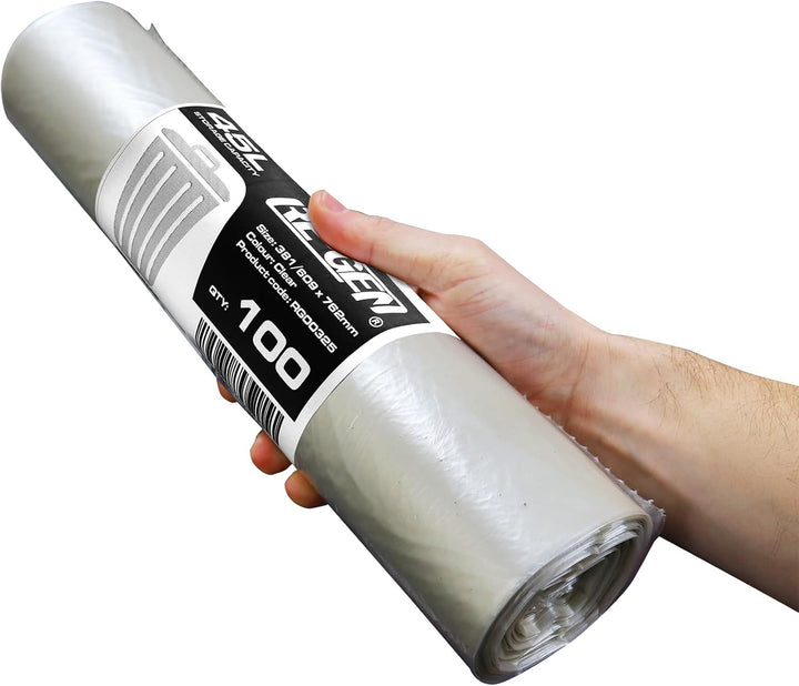 RE-GEN 1 Rolle | 100 Beutel | 45 l, 10 kg laden, transparente, robuste Müllbeutel, Müllsäcke, für de