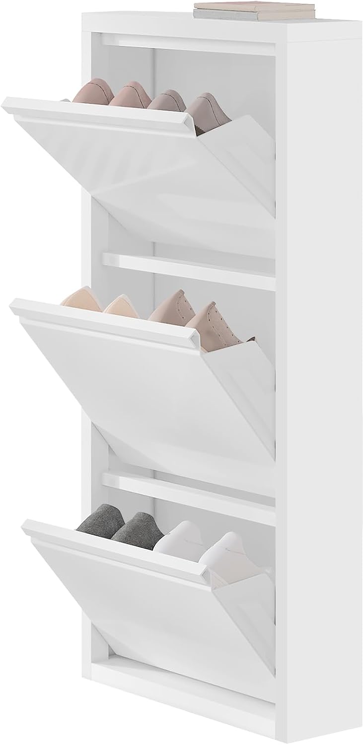 WOLTU Schuhschrank mit 3 Klappen, Schuhregal geschlossen, Schuhkommode schmal, aus Metall, für Flur