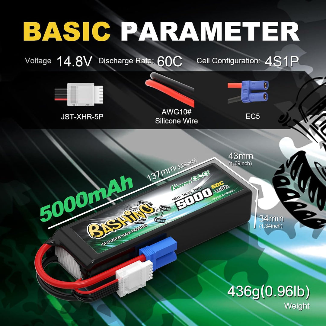 Gens Ace 4S LiPo Akku 5000mAh 14.8V 60C mit EC5 Steck Bashing Batterie für RC Auto, RC Flugzeug, RC