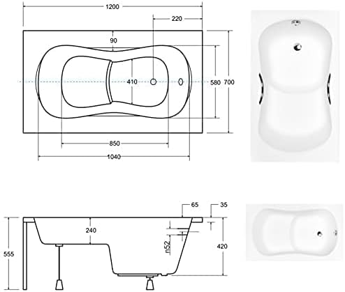 KOLMAN Badewanne ARIA REHAB Rechteck 120x70 ohne Verkleidung, Ablaufgarnitur und Füssen Komplettset