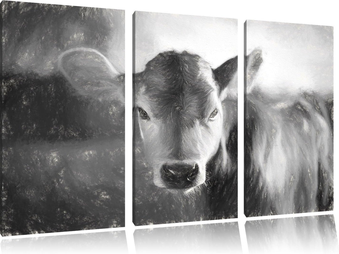 Pixxprint Junge Kuh Kälbchen Kunst Kohle Effekt 3-Teiler Leinwandbild 120x80 Bild auf Leinwand