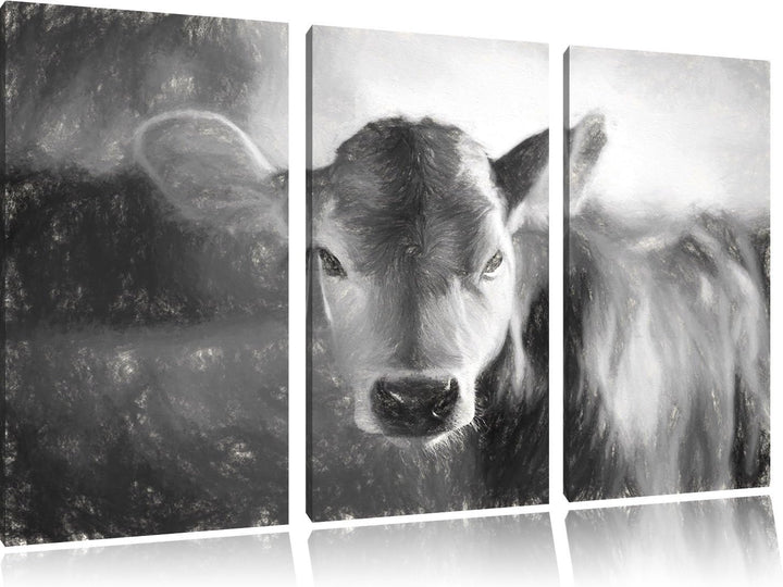 Pixxprint Junge Kuh Kälbchen Kunst Kohle Effekt 3-Teiler Leinwandbild 120x80 Bild auf Leinwand