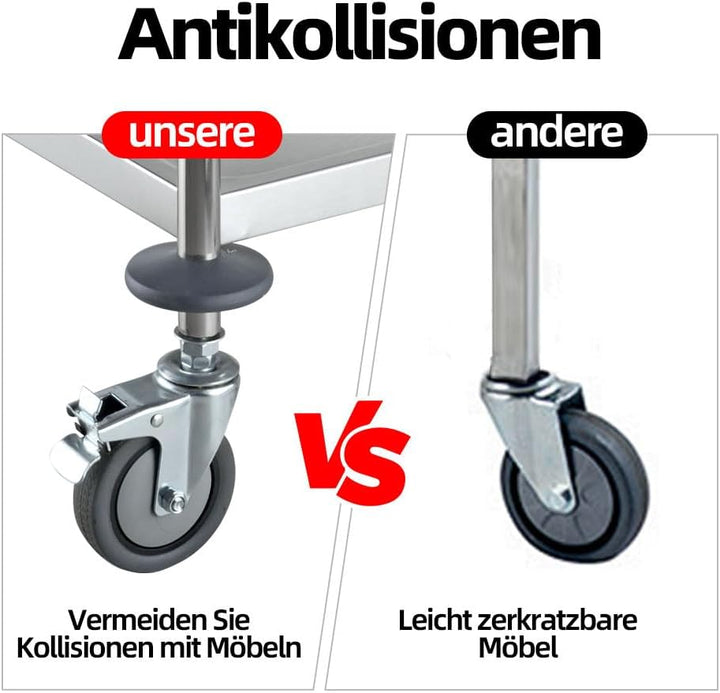 BLV Edelstahl Servierwagen Mit 4-Rad-Bremsen Rollen, servierwagen Edelstahl klein mit Schalldämmung