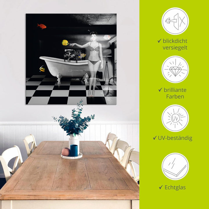 ARTland Glasbilder Wandbild Glas Bild einteilig 40 x 40 cm Frau Pin Up Badewanne Badezimmer Wasser b