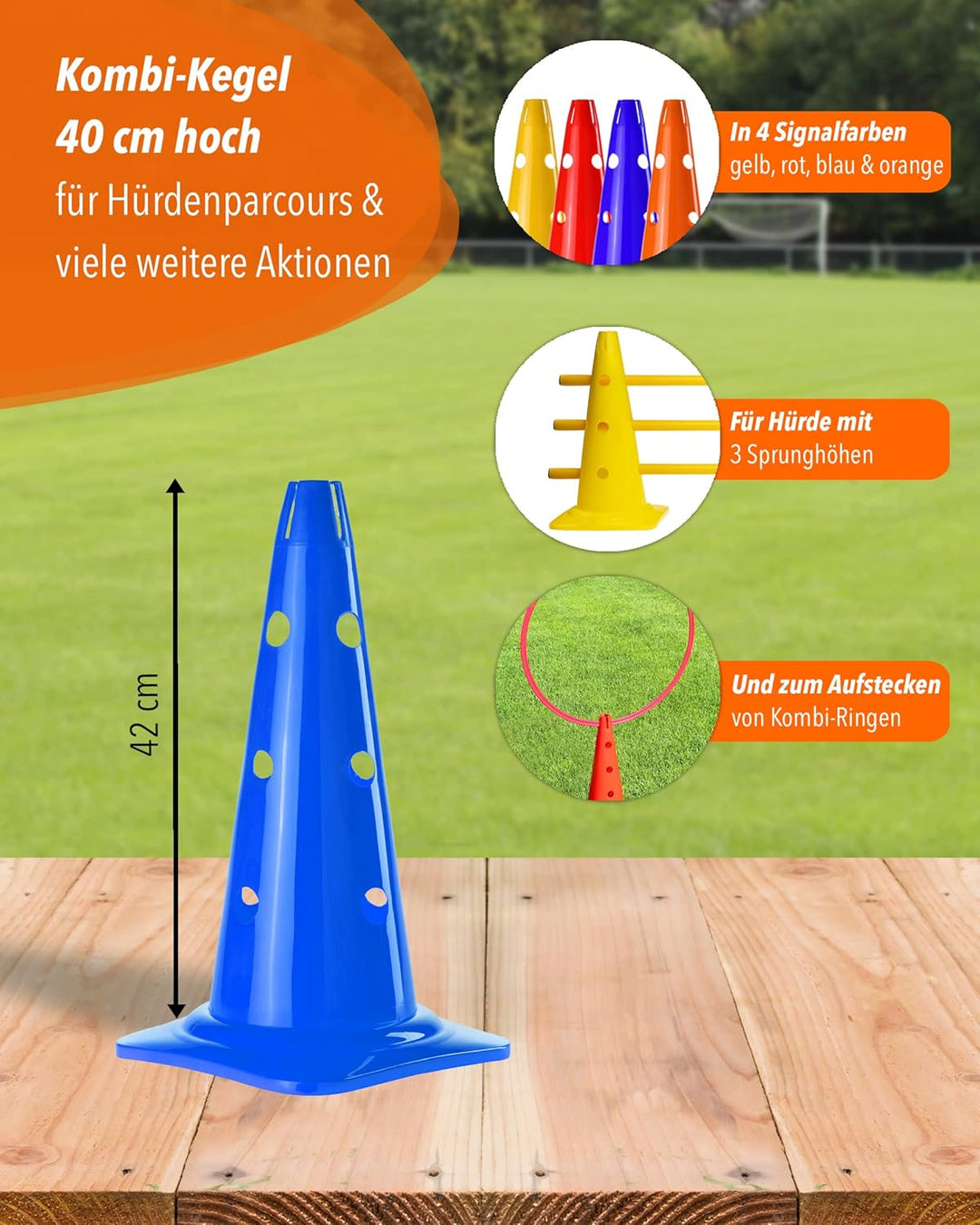 Kombi Kegel 40 – 4er Set – für den Aufbau von Hürden- oder Slalom-Parcours für Agility-Training – Sp