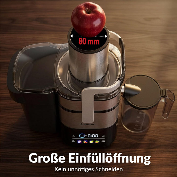 LEHMANN Entsafter für Obst und Gemüse, Edelstahl, XXL Einfüllschacht 80 mm, LED-Touchscreen, 6 Gesch