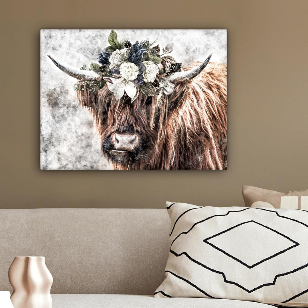 MuchoWow Leinwand Bilder, Einzigartige Wanddeko mit Rahmen, Schottischer Hochländer - Rauch - Flora,