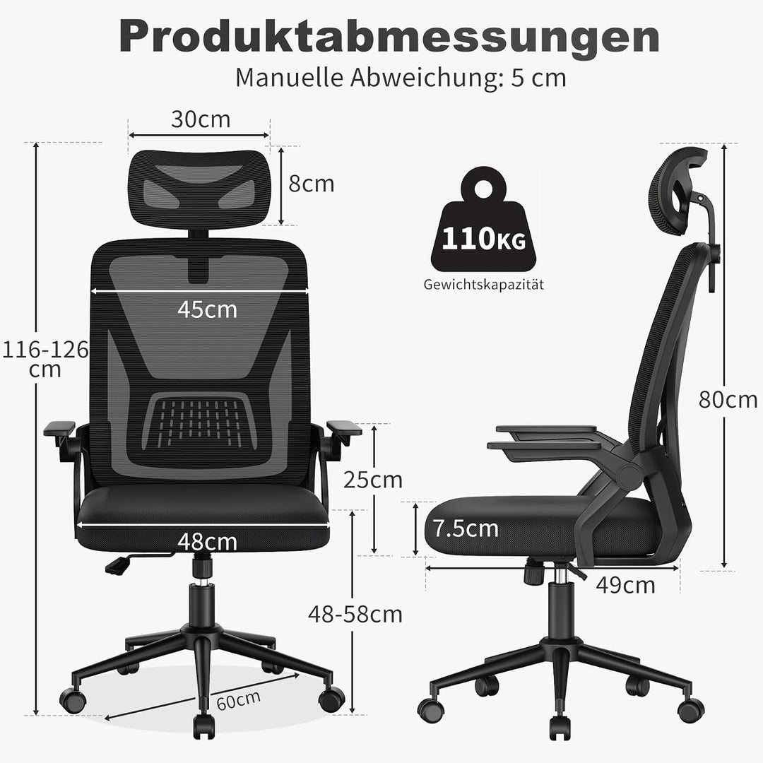 naspaluro Bürostuhl, Schreibtischstuhl mit Mesh, Lenden- und Kopfstütze, Drehstuhl mit 90° Klappbare