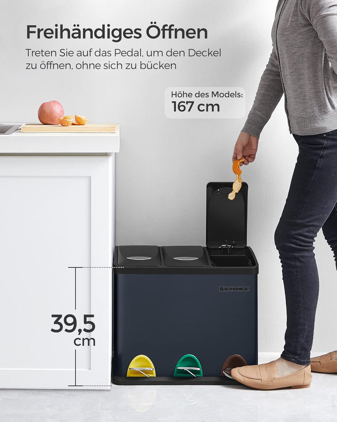 SONGMICS Mülleimer für die Küche, 3 x 8 L, Abfalleimer aus Metall, 3-in-1 Treteimer, Mülltrennung, M