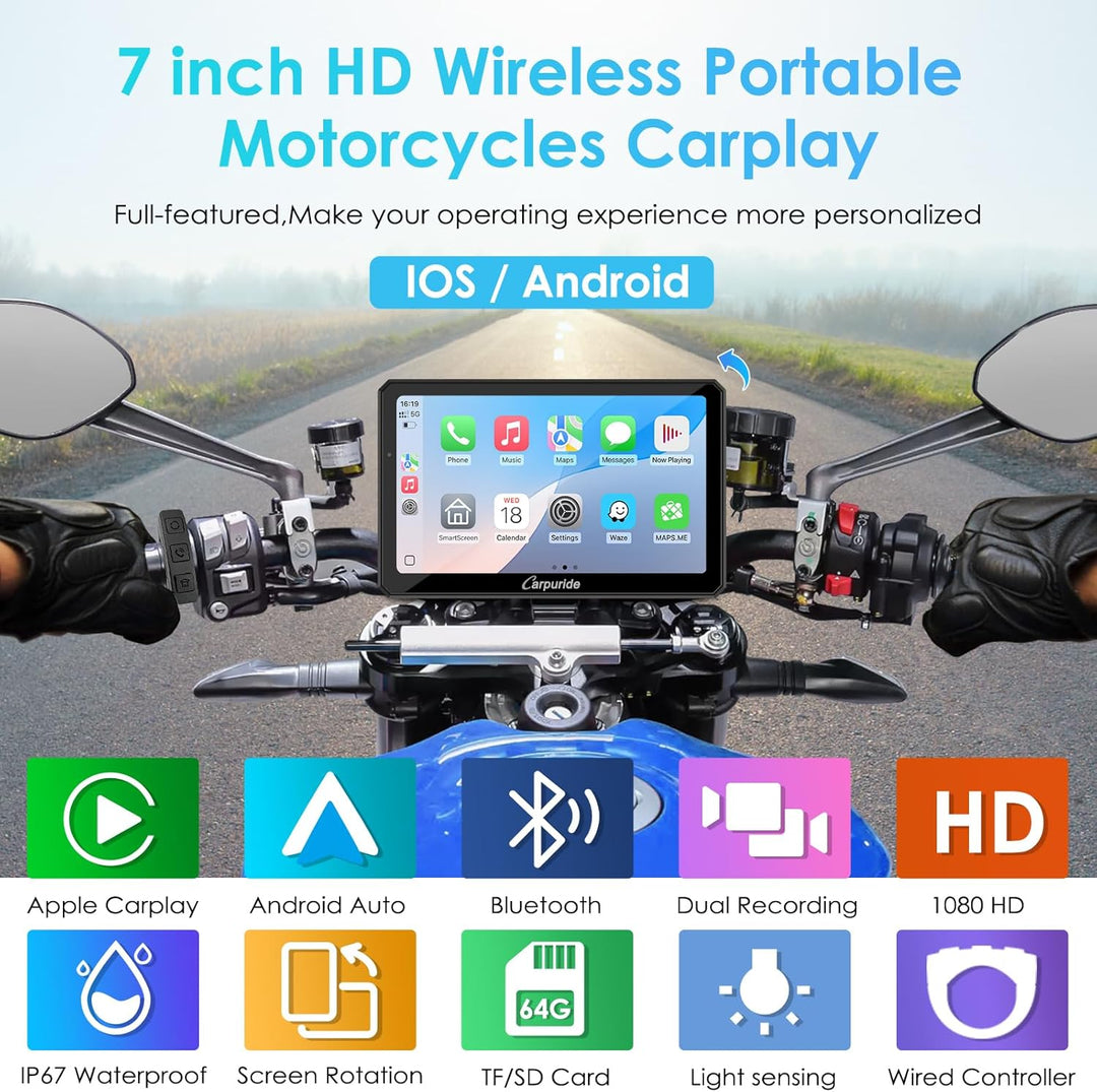 Carpuride W712D Motorrad Carplay Bildschirm mit 1080P Doppelkameras, Kabellos CarPlay und Android Au