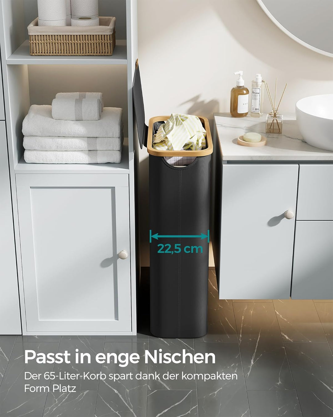 SONGMICS Wäschekorb mit Deckel, Wäschesammler 65 L, platzsparend, herausnehmbarer Wäschesack, Oxford