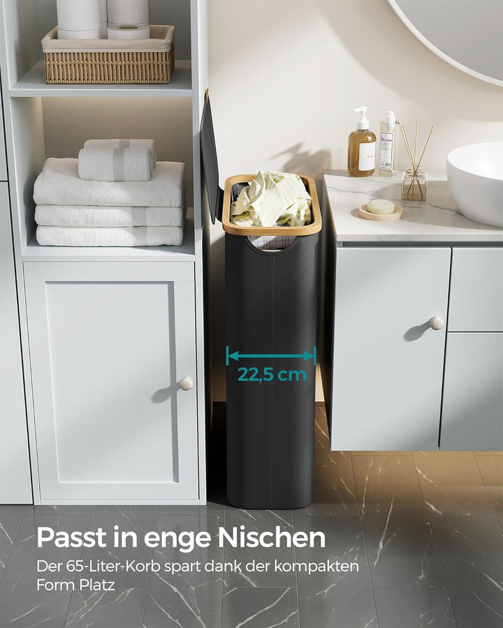 SONGMICS Wäschekorb mit Deckel, Wäschesammler 65 L, platzsparend, herausnehmbarer Wäschesack, Oxford