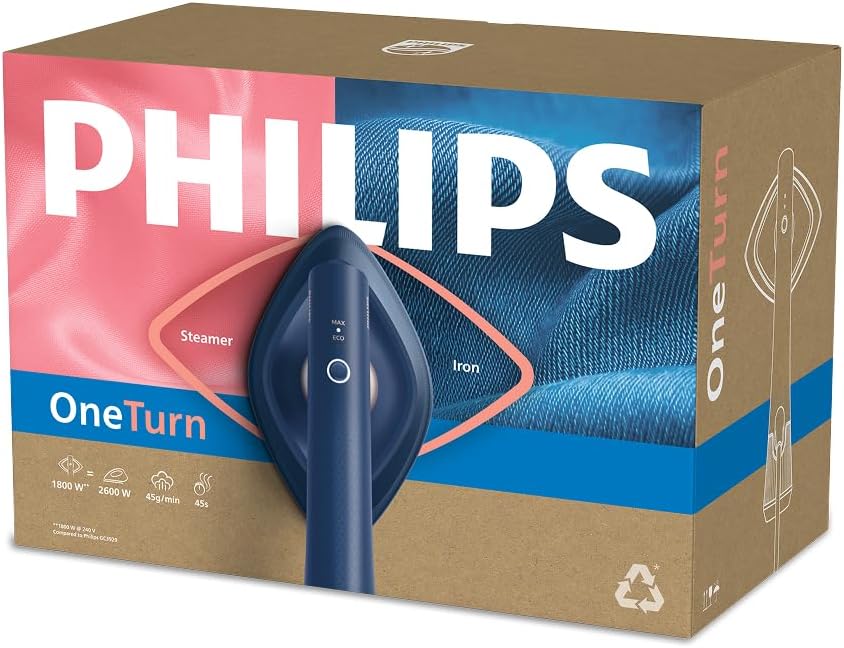 Philips OneTurn, 2-in-1 Bügeleisen & Steamer mit drehbarem Kopf, Einfach losbügeln – kein Brett, 45