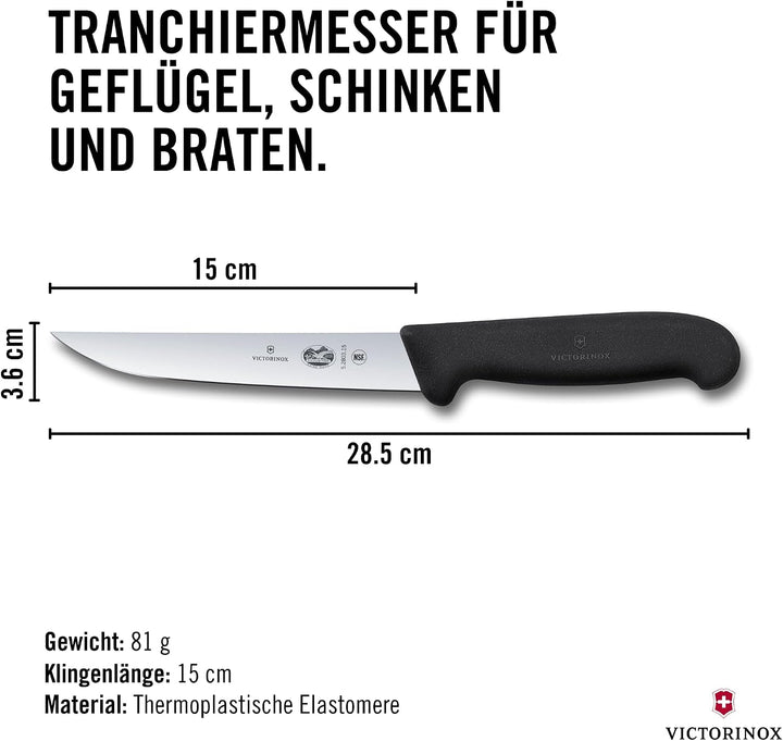 Victorinox Fibrox Tranchiermesser, Scharfes Küchenmesser für Fleisch und Geflügel, 15 cm, Gerade Kli