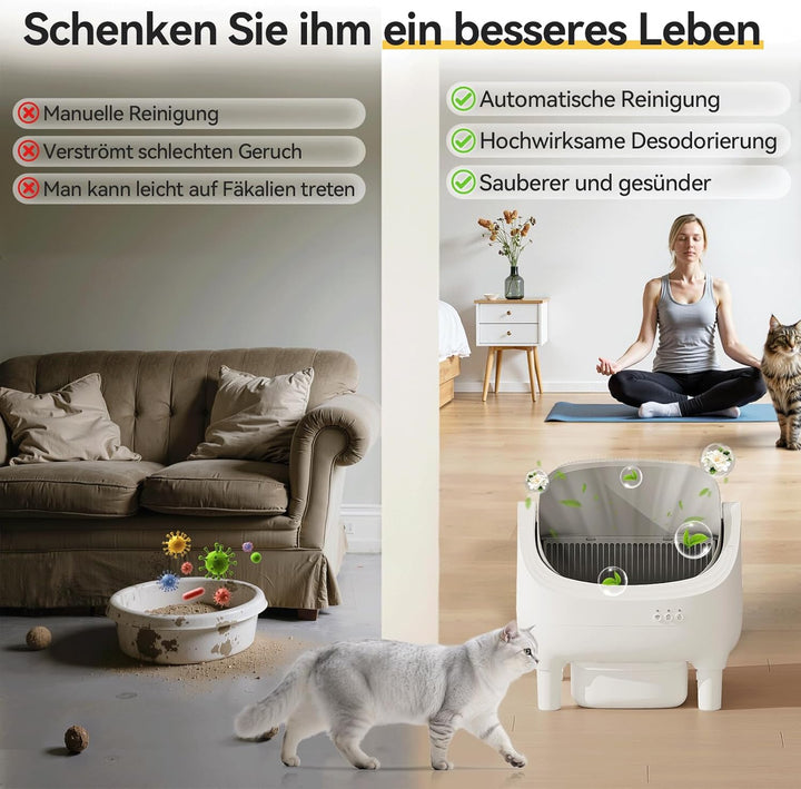 JUMMICO Selbstreiniger Katzenmüllkasten, Top Open Design, XXL Müllschalen für 15 kg Katzen, App Cont