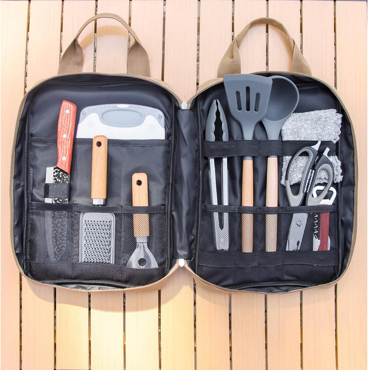 Sadodo Camping Küchenhelfer Utensilien Set 11 Teilig,Mit Organizer Tragtasche,Silikon Edelstahl Koch