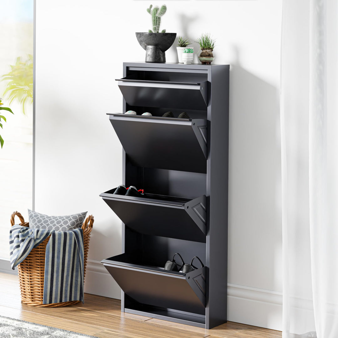 [en.casa] Schuhschrank Sokndal Schuhkipper mit 4 Klappen Metall Schuhkommode für 6 Paar Schuhe 118 x