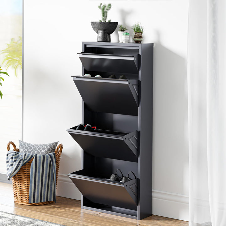 [en.casa] Schuhschrank Sokndal Schuhkipper mit 4 Klappen Metall Schuhkommode für 6 Paar Schuhe 118 x