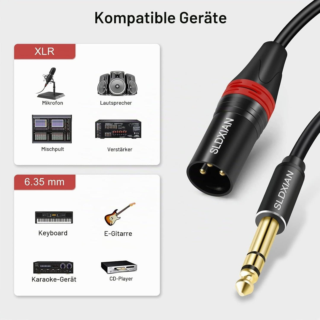 XLR auf Klinke 6,35mm Mikrofonkabel (5M, Male) | Balanced Stereo 1/4 Zoll TRS Stecker auf XLR Stecke