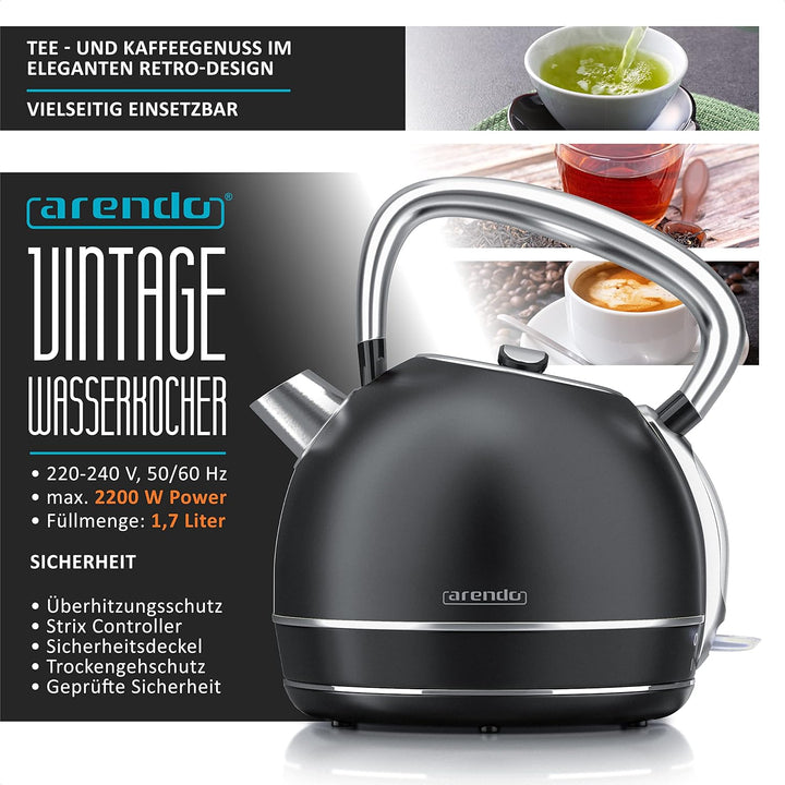 Arendo - Wasserkocher Retro Edelstahl Teekessel im Vintage Style - max. 2200 Watt - austauschbarer K