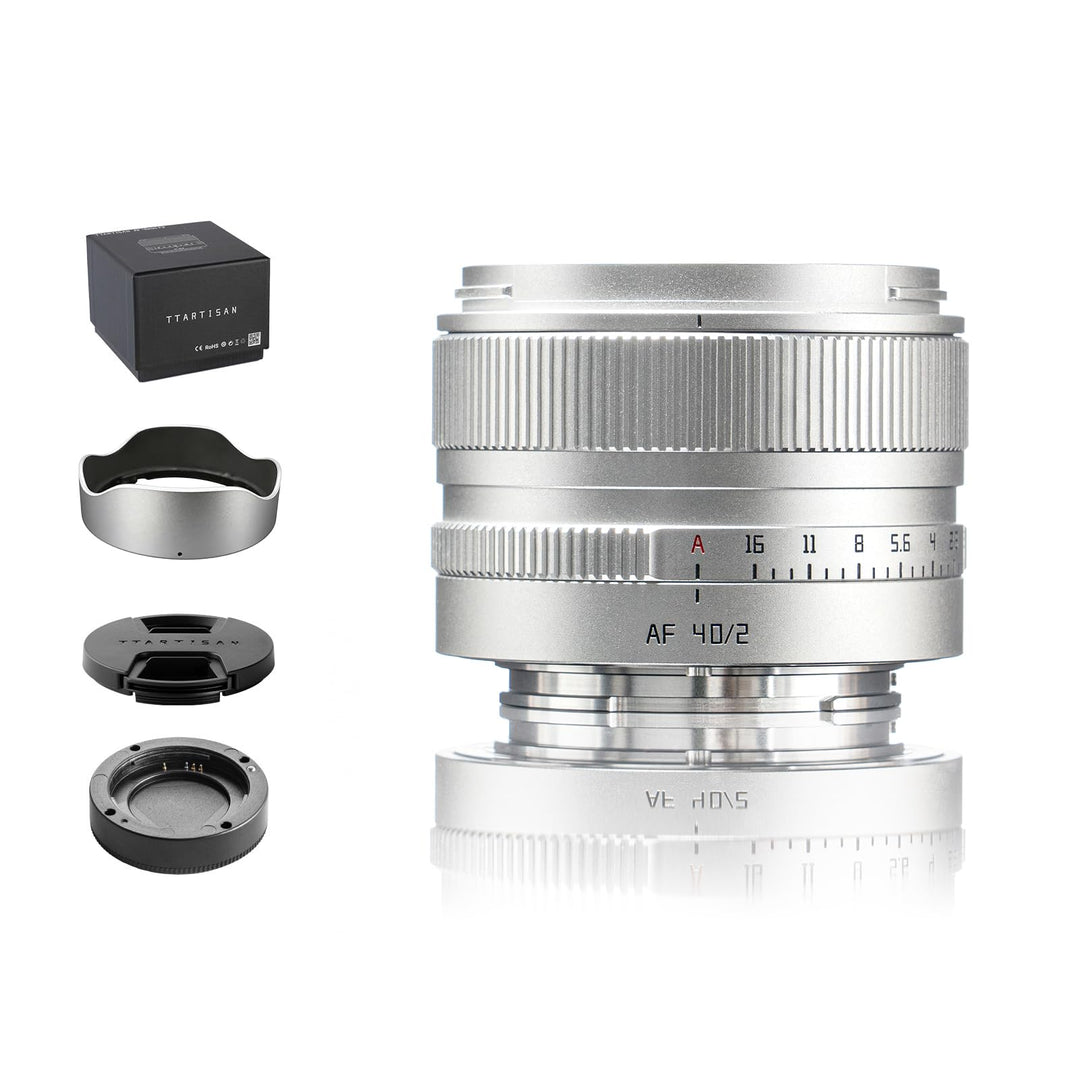 TTARTISAN AF 40 mm f/2 Silber für E-Mount, Vollformat 40 mm f2 Prime Objektive für FE-Mount (E, Silb