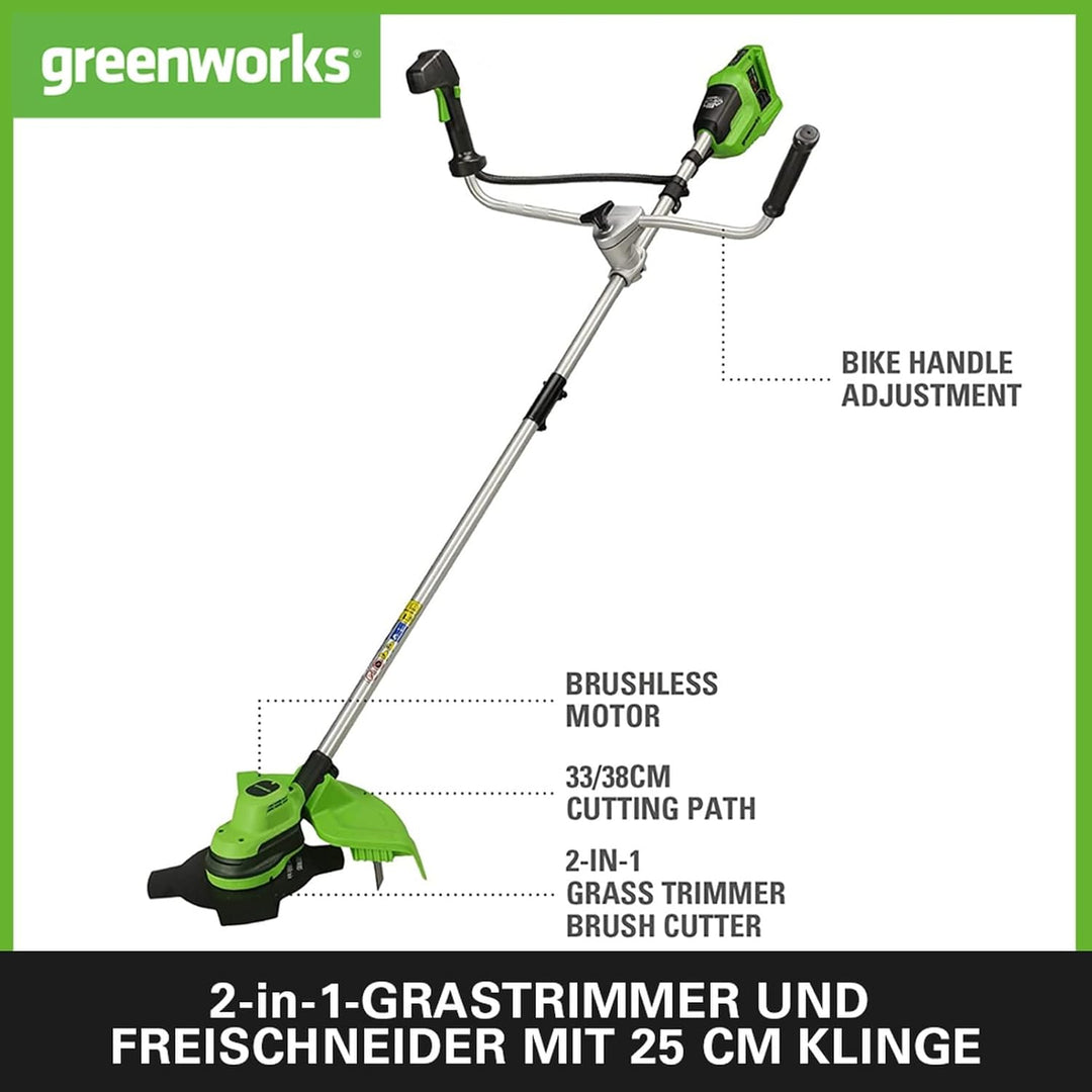 Greenworks GD24X2BCBK4x Akku Freischneider mit bürstenlosem Motor, Geschirr, Motorradgriff, 38 cm Sc