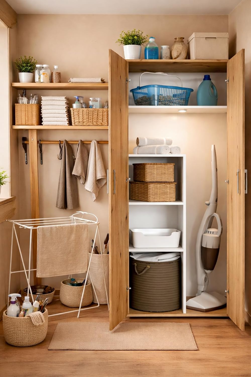 Happy Babies Utility-Schrank 60cm | Weiss | Vorratsschrank für Staubsauger, Mopps & Reinigungsmittel