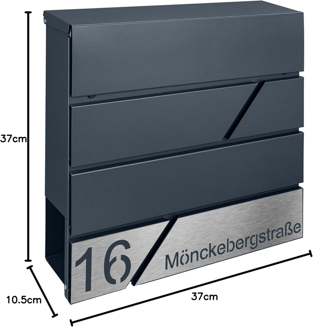 Briefkasten mit Zeitungsfach in Anthrazit, Edelstahlbriefkasten, Wandbriefkasten Briefkasten mit Sch