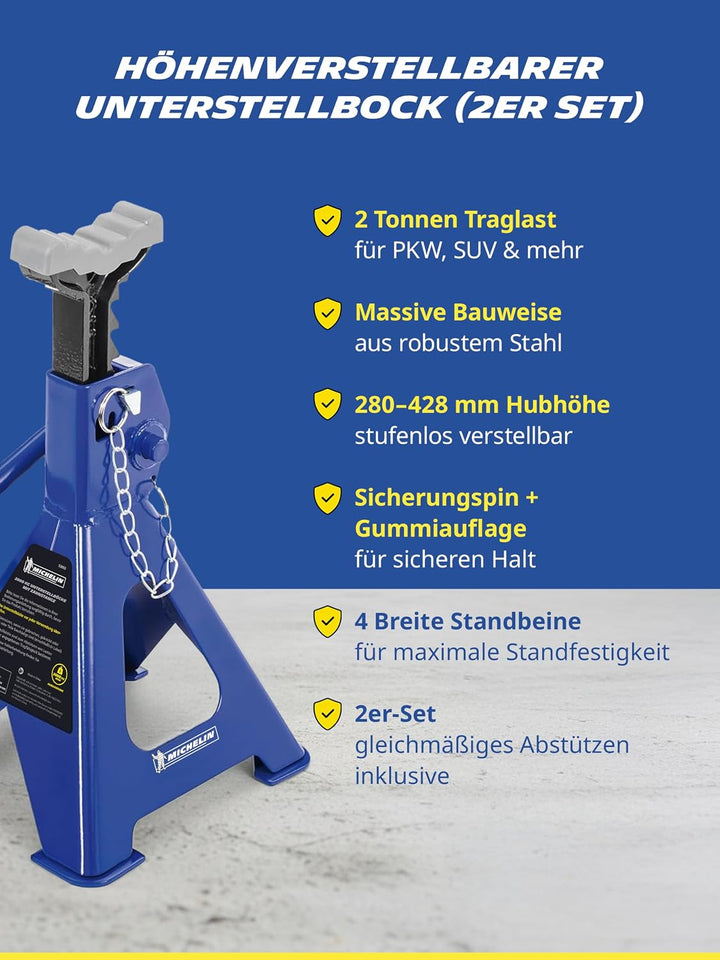 MICHELIN Unterstellbock 2 Tonnen Traglast, 2 Stück Stützböcke, Höhenverstellbar 280 mm bis 428 mm Hu