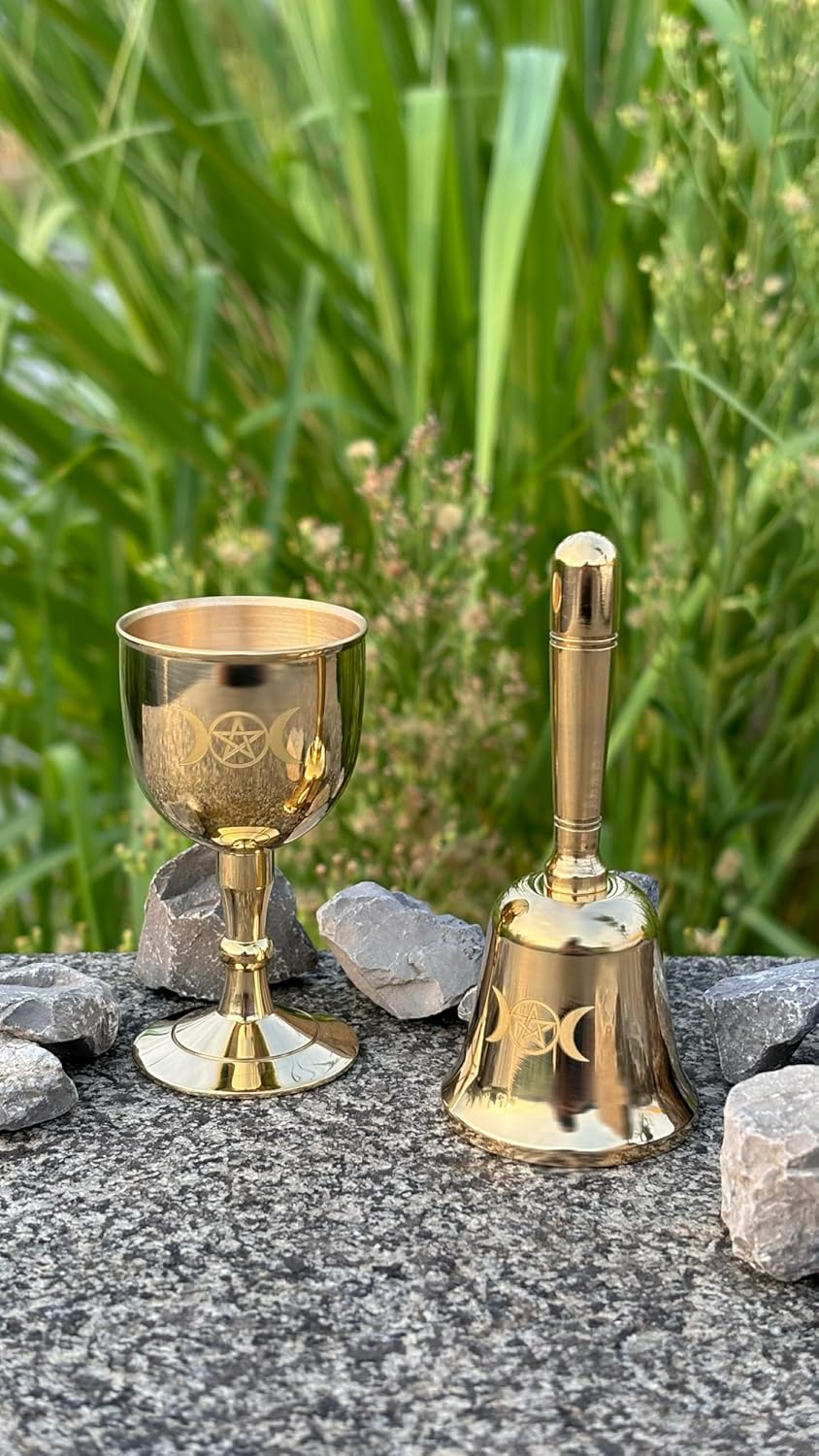Mini Messing Altarglocke und Altarkelch, Dreifachmondgöttin und Pentagramm Wiccan Zubehör und Werkze