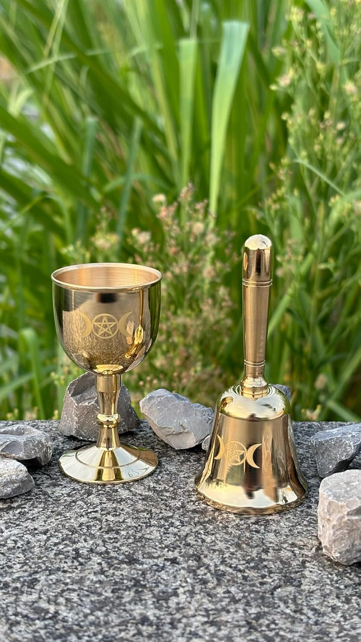 Mini Messing Altarglocke und Altarkelch, Dreifachmondgöttin und Pentagramm Wiccan Zubehör und Werkze