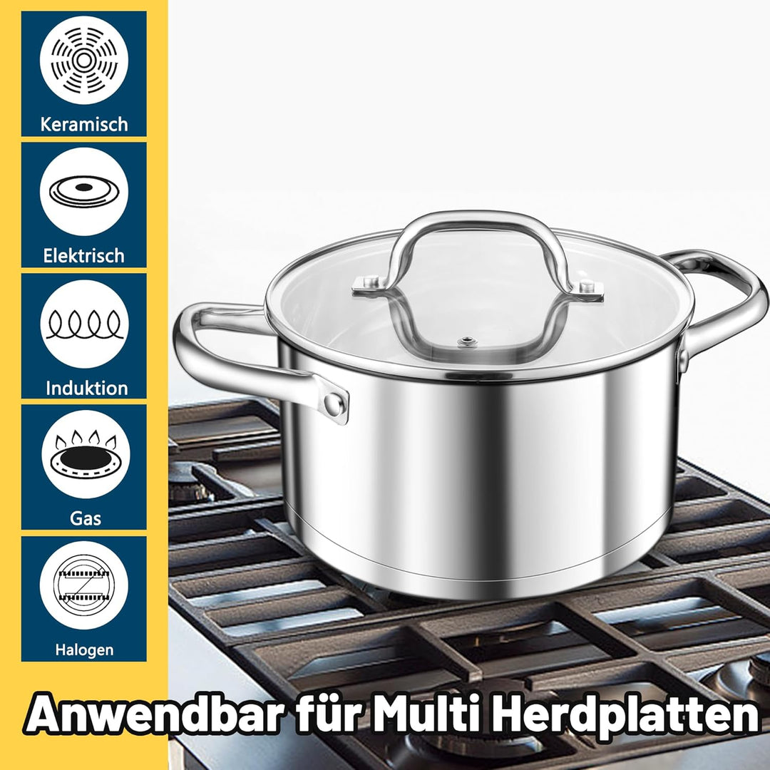 TEAMFAR Kochtopf, 4,7L Edeastahl Topf Suppentopf Induktion mit Glasdeckel, aus 3-Lagen Boden für all