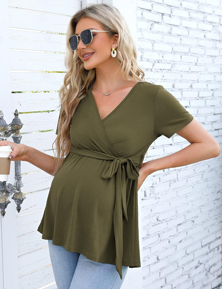 KOJOOIN Damen Stillshirt Schwangerschaftsshirt V-Ausschnitt Umstandsshirt Langarm Nursing Tops mit G