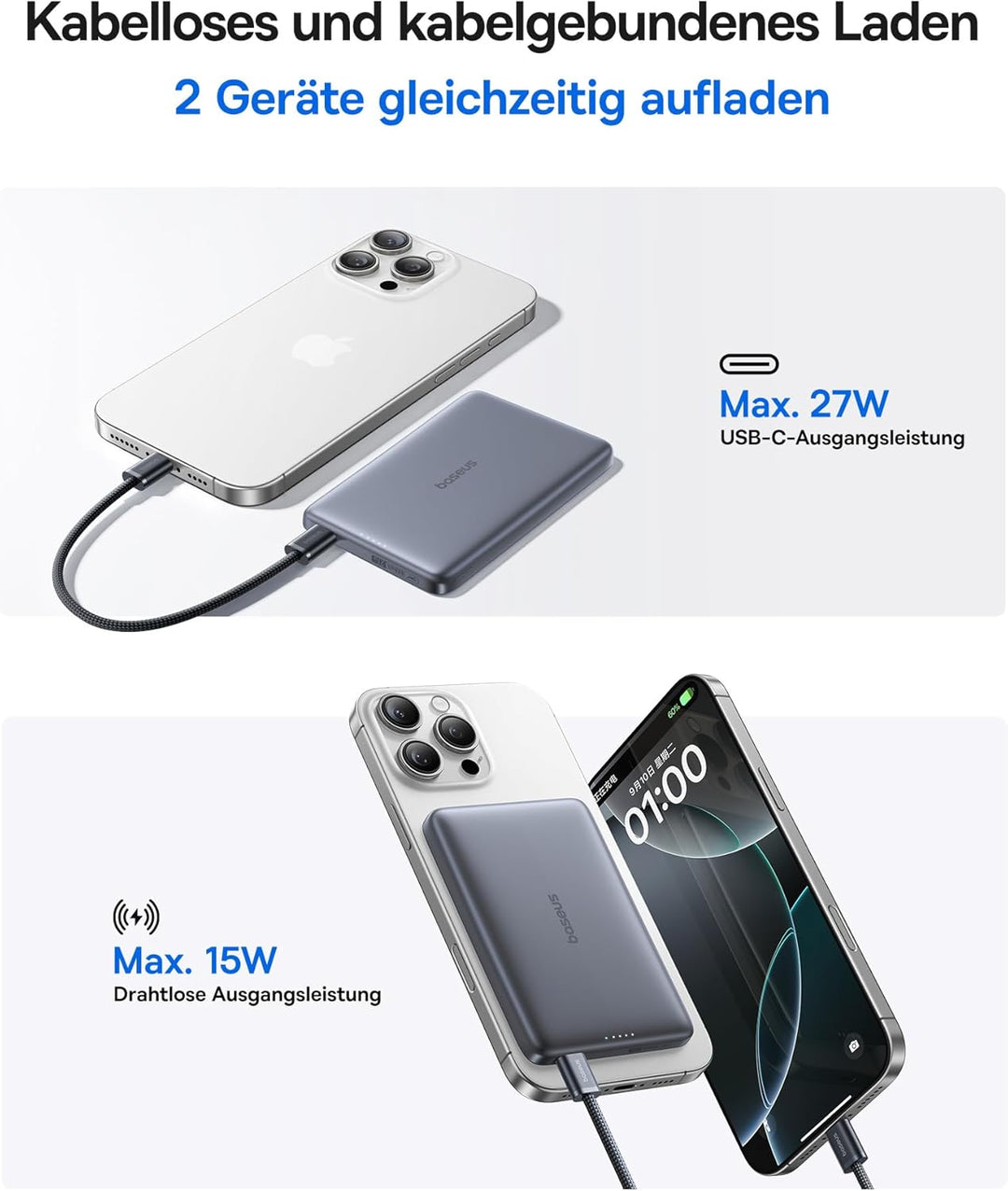 Baseus Picogo AM41 Power Bank, 10000mAh Qi2 Magsafe Powerbank 15W Wireless, Ultra Slim, PD 27W Schne