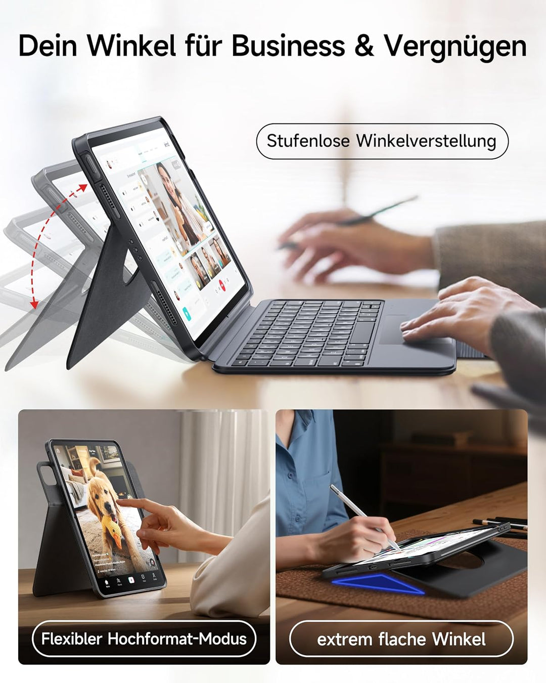 HOU 360° Drehbare Abnehmbare Hülle mit Tastatur für iPad Pro 11″ M5/M4 (2025) mit 155° Verstellbarer