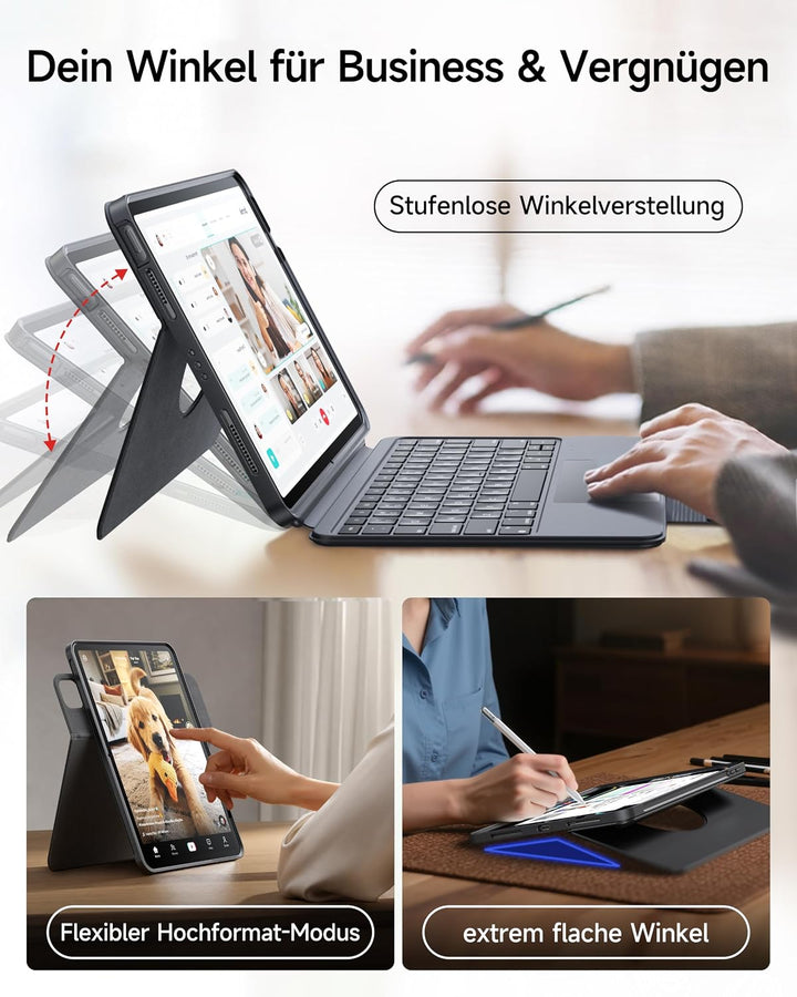 HOU 360° Drehbare Abnehmbare Hülle mit Tastatur für iPad Pro 11″ M5/M4 (2025) mit 155° Verstellbarer