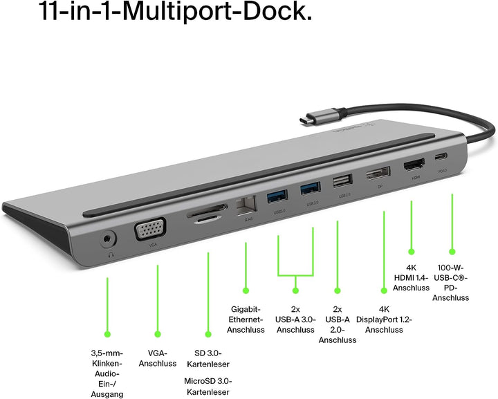 Belkin USB-C-Hub, 11-in-1-MultiPort-Adapter-Dock mit 4K-HDMI, DisplayPort, VGA, und 100 W zum Laden,