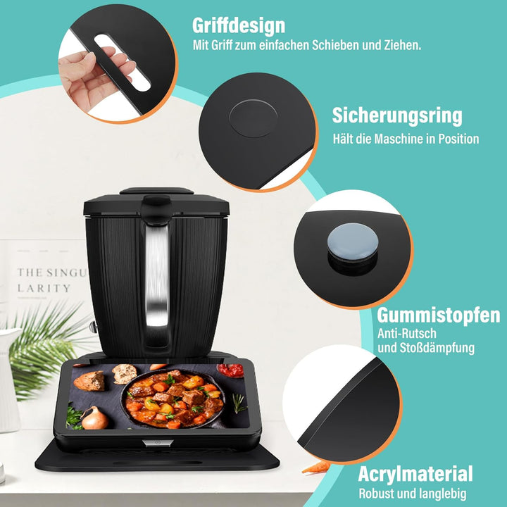 Acryl Gleitbrett für Thermomix TM7 – Mit Einem Griff + Verschiebbar Rutschfest Gummistopfen des Schn