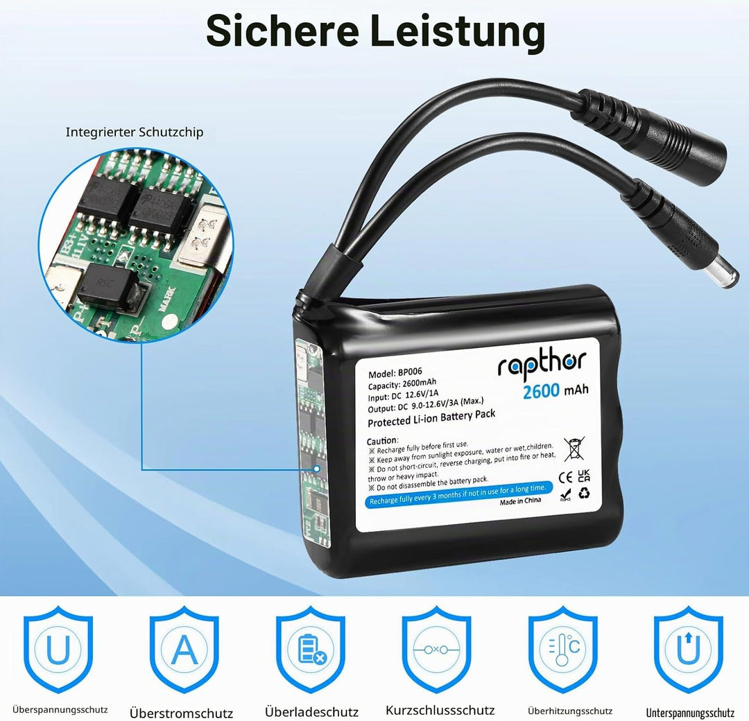 Rapthor Wiederaufladbarer 12V 2600mAh Lithium-Ionen-Akku mit Ladegerät, kompatibel mit 12V-Geräten,