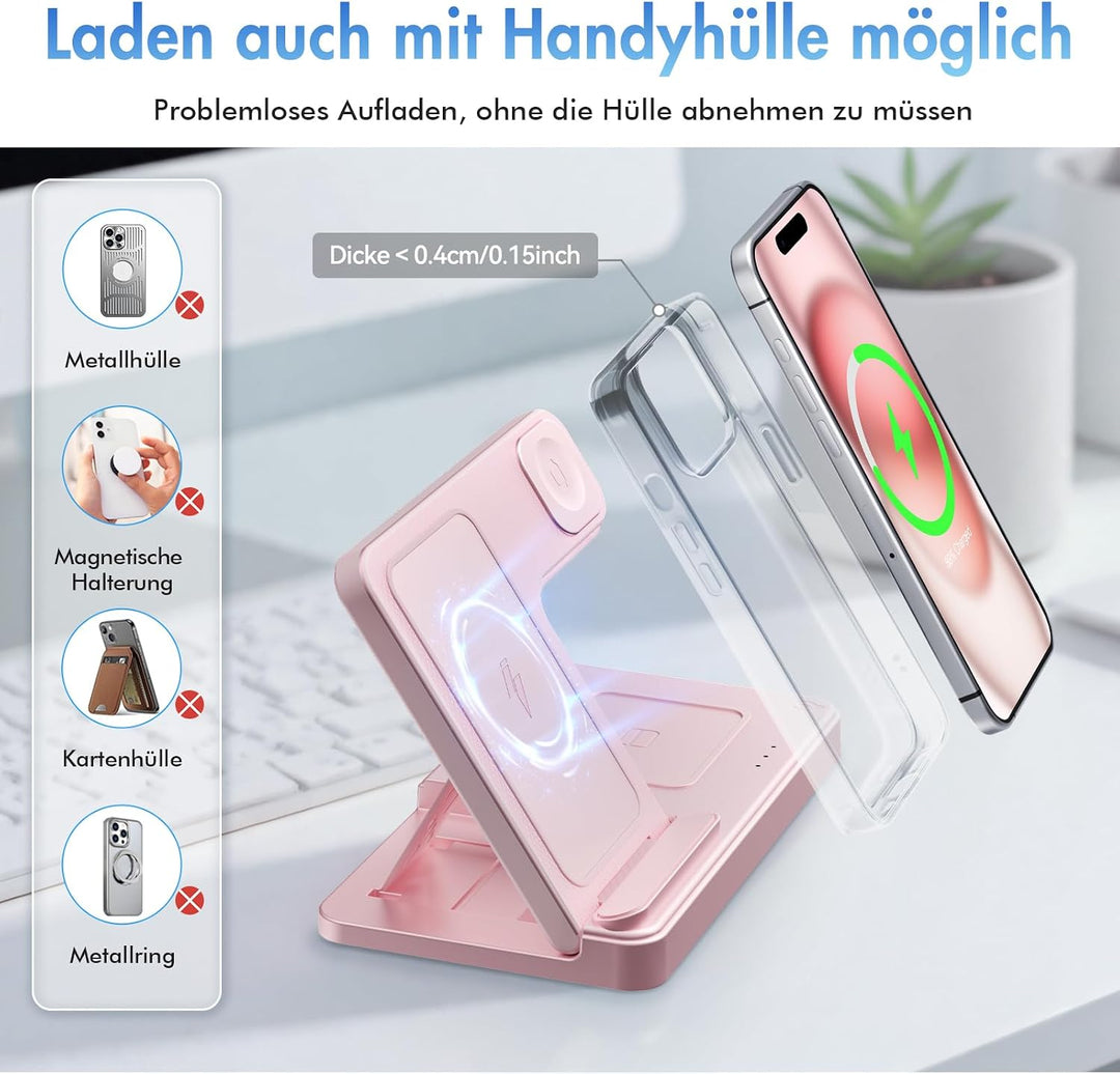 3 in 1 Ladestation Kabellos, 15W Induktive Schnellladegerät für iPhone A03 Rosa, A03 Rosa