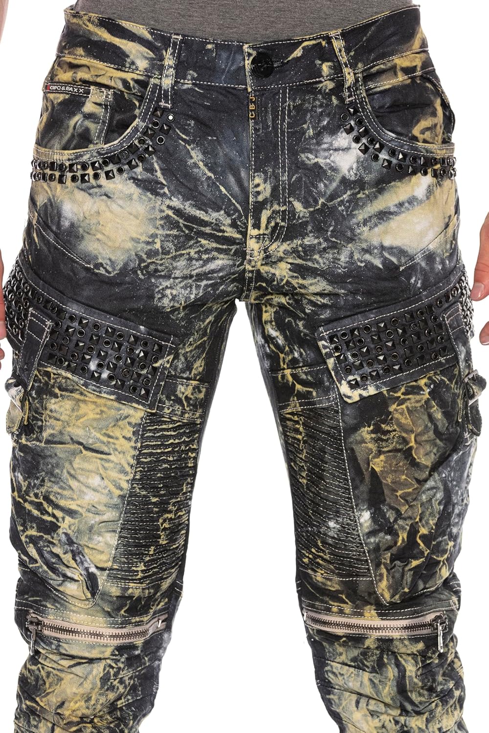 Cipo & Baxx Herren Biker Jeans Ripped-Destroyed-Frayed-Slim Fit Jeans Hose mit Nieten und Muster Kha