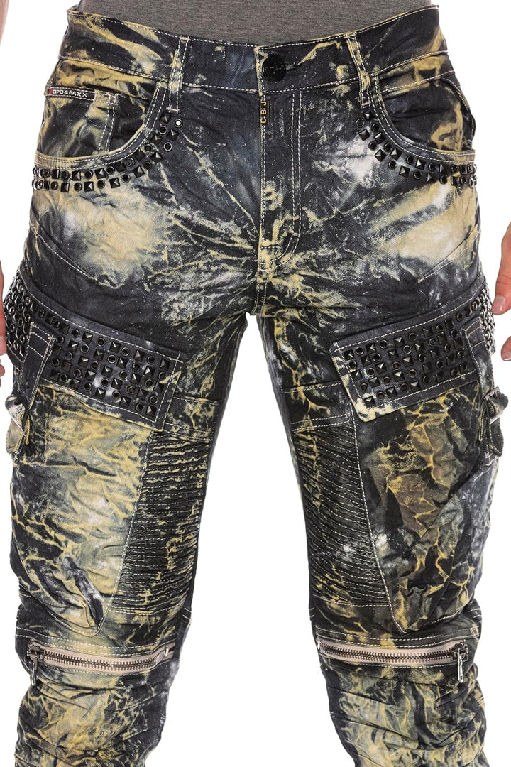 Cipo & Baxx Herren Biker Jeans Ripped-Destroyed-Frayed-Slim Fit Jeans Hose mit Nieten und Muster Kha