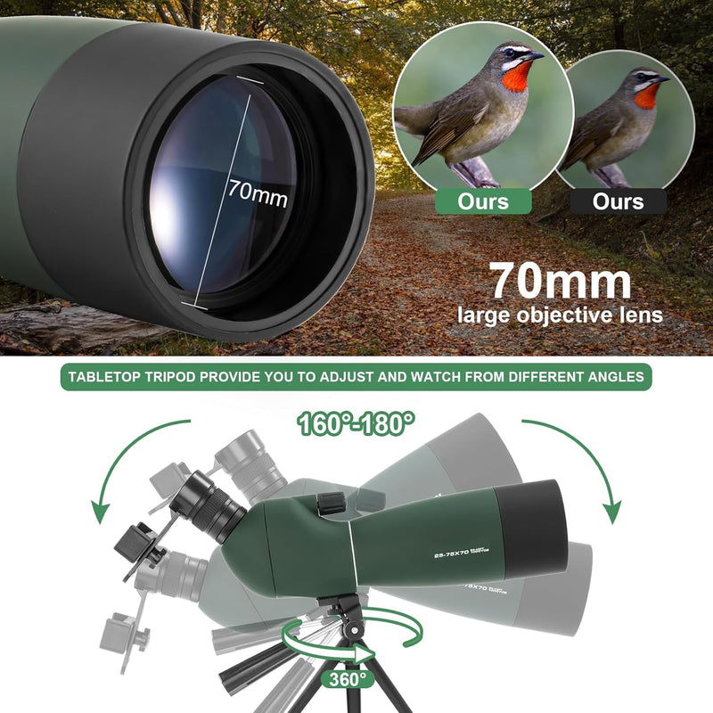 Spektiv mit Stativ 2024 Upgrade,25-75x70 Spektiv Sportschützen IP67 Wasserdichtes BAK4 Porro Prism F