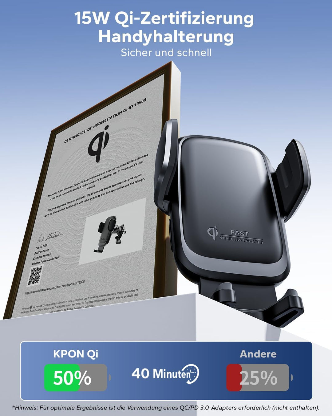 KPON Qi-Zertifizierung Handyhalterung Auto mit Ladefunktion, 15W Induktive Ladestation Auto für Wind