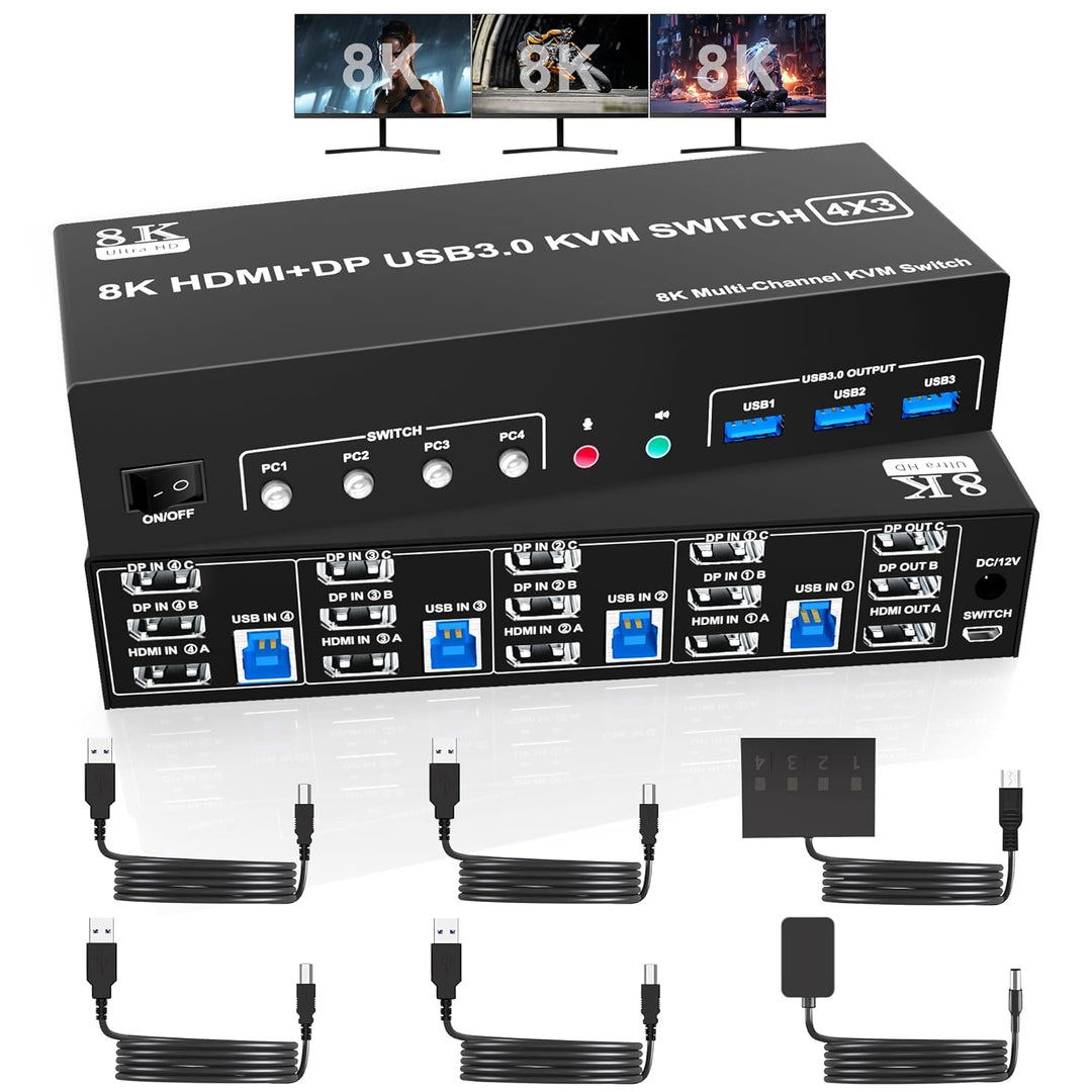 8K@60Hz 2 Displayport +HDMI USB3.0 KVM Switch 3 Monitore 4 Computer, 2 DP 1.4 +HDMI 2.1 Triple Monit
