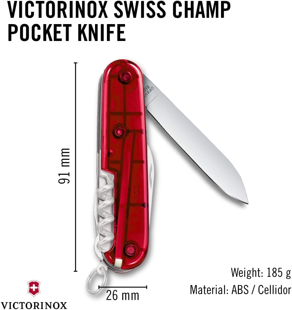 Victorinox Taschenmesser Swiss Champ (33 Funktionen: Metallfeile, Mini-Schraubendreher) rot Rot Tran