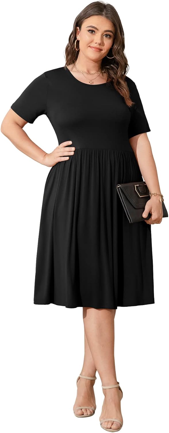POSESHE Damen-Sommerkleid in Übergrösse 2023, lässig, kurzärmelig, Empire-Taille, lockere Passform,